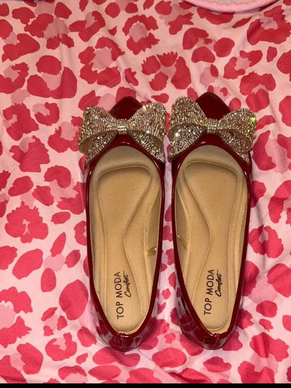 TOP Moda Red Patent Ballet Flats with Gold Bow Accents